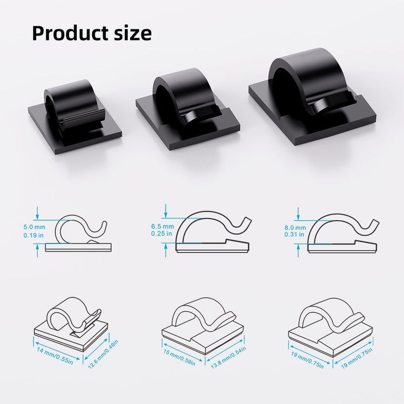 ITUGOU 100 PCS Adhesive Cable Clips Cord Organizer (Small, Medium,Large),Wire Holder for Cable Management, Outdoor Light Clips Light Hooks for LED String,Car Dash Cam, Extension Cord (Black) - Image 3